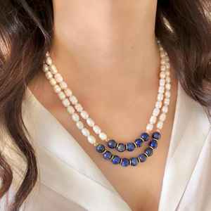 Жемчужное ожерелье Lapis Lazuli, темно-синие свадебные украшения из драгоценных камней, эффектное специальное ожерелье ручной работы - Product Image 3