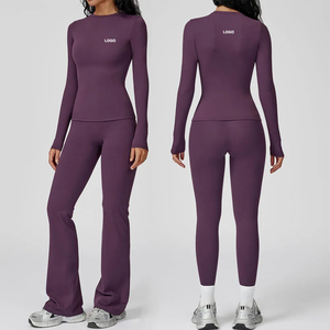Ensemble de yoga 2 pièces pour femmes, couleur unie violet, manches longues, col rond, taille haute, leggings sans couture pleine longueur, vêtements de sport - Product Image 1
