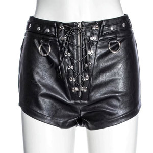 Shorts d'été décontractés en cuir pour femmes, taille élastique, logo personnalisé, grandes tailles, respirants, design tendance, avec nœud décoratif et boutons, couleur unie - Product Image 1