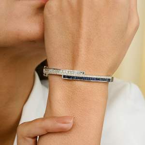 กำไลข้อมือทองคำสีขาว100% สวยสง่า18K สำหรับสตรีกำไลแซฟไฟร์และเพชรสีฟ้าตัดจากธรรมชาติ - Product Image 2