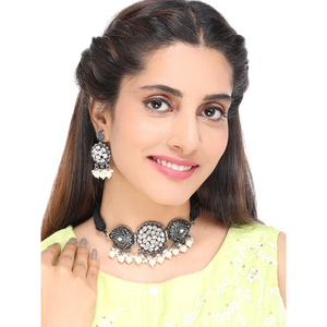 Oxidised Kundan <b>Necklace</b> Gold Plated Copper Rhodium Fine Bridal Wedding Jewelry Set Featuring <b>Ruby</b> Pearl Diamond Main Stones - Product Image 2