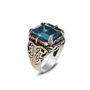 Anillo Azuris de Alta Calidad Estilo Otomano en Plata de Ley 925 para Hombre, Joyería de Moda con Piedra de Ágata Yemenita Natural, Hecho en Turquía - Product Image 1