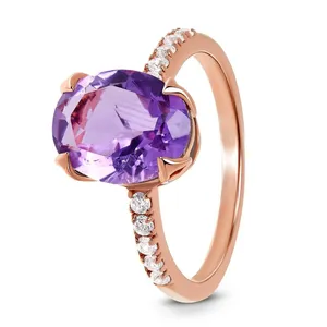 Bague ovale en argent 925 avec améthyste et placage or rose, ajustable, élégante, accessoire de mode pour fiançailles - Product Image 2