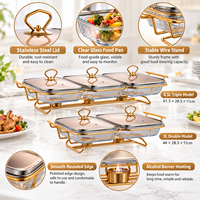 Plat de service en verre 4,5 L avec cadre en acier inoxydable doré, chauffe-plat à alcool pour buffet, idéal pour hôtels, restaurants et traiteurs (vente en gros)