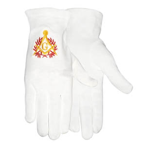 2025 Masonic French Rite White Cotton Gloves with Red <b>Yellow</b> Embroidery - Product Image 1
