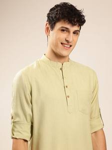 <b>men</b> <b>green</b> ivory coloured solid mandarin collar kurta short kurta polyester viscose long sleeves curved hem kurta <b>for</b> <b>mens</b> - Product Image 6