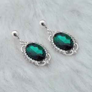Kriaa Fine Dangle <b>Earrings</b> <b>Green</b> Crystal Stone Rhodium Plated 1313649E Model - Product Image 1