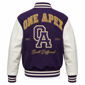 Vêtements de sport ONEAPEX, veste varsity en laine premium personnalisée de couleur violette pour homme, coupe ajustée, manches en cuir blanc, chenille, OEM - Product Image 2