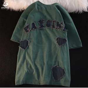 Y2K ropa personalizada 100% algodón de alta calidad de gran tamaño desgastado bordado camisetas traje logo angustia parche ácido lavado camiseta - Product Image 1