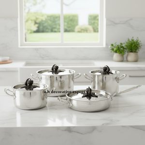 Ensemble de casseroles et poêles en acier inoxydable fait main avec couvercle en forme de citrouille antique noir, finition argent martelé - Product Image 3