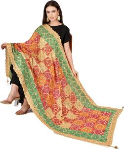 Intricate Mirror Stitch Dupatta <b>Green</b> Pink Embroidered Chinon <b>Silk</b> Ethnic Plain Style for Spring Season Printed for Muslims - Product Image 1