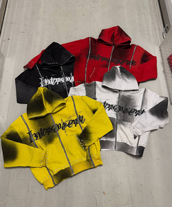 OEM Sweat à capuche pour homme, style streetwear, imprimé numérique, hiver, avec strass, effet délavé soleil, oversize, en coton, délavé à l'acide, coupe carrée, 3 fermetures éclair, molleton standard - Product Image 1