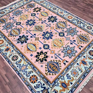 Alfombra Oushak rosa de 5x8, Alfombra de lana hecha a mano, alfombra de estilo turco, patrón geométrico Floral bohemio, decoración para sala de estar - Product Image 1