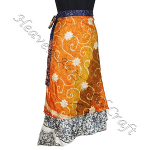 กระโปรงยาวผ้าไหมลายส่าหรี2ชั้นแบบกลับด้านได้สำหรับผู้หญิงกระโปรงอินเดีย - Product Image 3