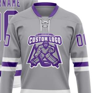 OEM fabricación personalizada al por mayor gris púrpura-blanco de alta calidad de encaje de hockey jersey de cuello - Product Image 4