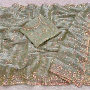 Beautiful <b>Silk</b> Saree With Sequins Work and Multicolour <b>Thread</b> Work, Cut Work Border, Party Wear Saree, Wedding Wear Saree. - Product Image 3
