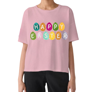 Camisetas personalizadas de Happy Easter Bunny para mujer, camisetas holgadas con cuello redondo, trabajo manual de lentejuelas, listas para usar en stock - Product Image 3