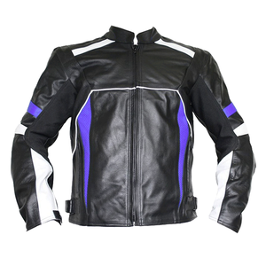 Veste de moto en cuir de vachette véritable noir de course sur route avec panneaux bleus Protections CE veste de moto pour hommes - Product Image 2