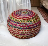Pouf ottoman polyvalent moderne multicolore en jute et coton fait main, repose-pieds léger empilable pour entrée, chambre et salon