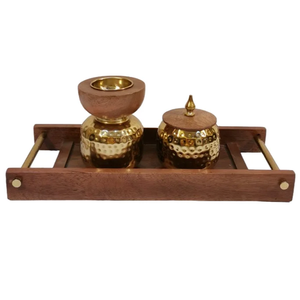 Gold Plated Metal Bakhoor Burner Set Wooden Tray Home Indoor Fragrance Incense for Religious for Ramadan Mabkhar Incense Burner - Product Image 1