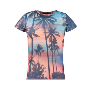 เสื้อยืดคอกลมแขนสั้นผู้ชาย ลายต้นปาล์มยามพระอาทิตย์ตกดิน พิมพ์ลายแบบซับลิเมชั่น ทรงปกติ สวมใส่สบาย ผลิตจากผ้าโพลีเอสเตอร์ถัก 100% - Product Image 1
