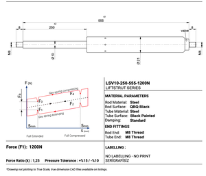 Vérin à gaz industriel universel réglable en force, fabrication turque, prêt à être expédié, course de 250 mm, avec valve, 555 mm - Product Image 2