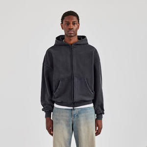 Men 450 GSM French <b>Terry</b> Zip Up Hoodie Vintage Acid Wash Distressed Streetwear Custom Black Washed Casual <b>Bulk</b> Wholesale OEM - Product Image 1