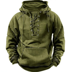 Otoño/Invierno logotipo personalizado hombres Retro con cordones con capucha polar 100% algodón pulóver Hoodie-300 gramos sólido liso teñido de secado rápido - Product Image 6