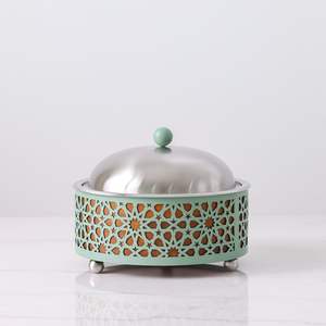 Mint Green Islamic Geometric Cutout Contemporary Arabesque Hot Pot Stainless Steel Interior Durable Wood Bottom <b>Food</b> <b>Warmer</b> 26cm - Product Image 1