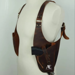 Hete Verkoop 2024 Echte Handgemaakte Cowhide Lederen Verticaal Verborgen Holster Met Dubbele Mag Hander Western Verborgen Cowboytas