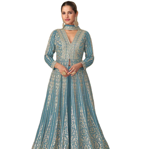 Salwar Kameez non cousu en soie Georgette brodée, style Anarkali, longueur ras du sol, pour femme, idéal pour les mariages et les fêtes d'hiver. - Product Image 1