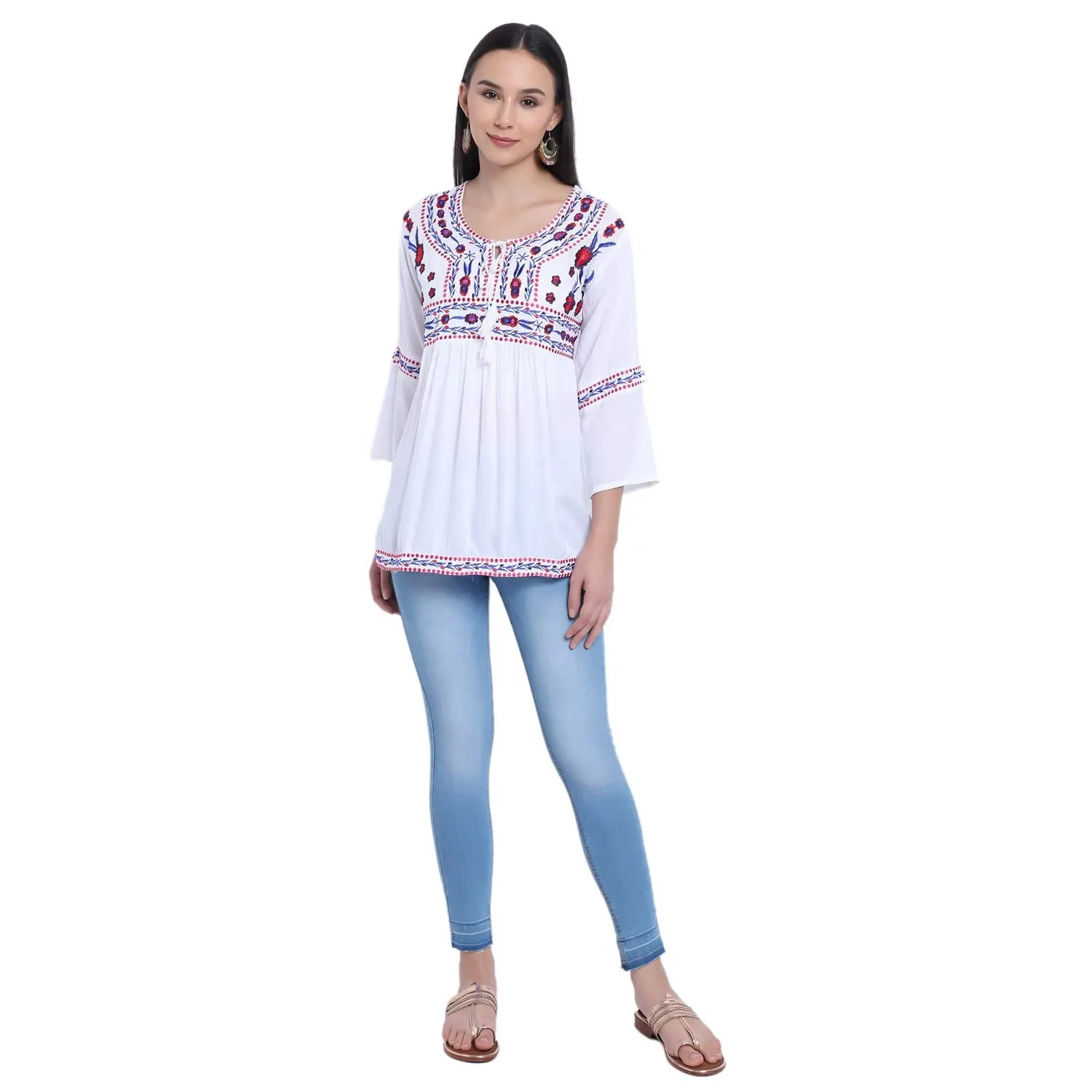 Women's u Neck Chiffon Casual Tunic Top and Blouse Formal Office Wear Ethnic Embroidered Tunic Tops.