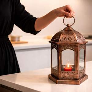 Handcrafted Antique Metal <b>Moroccan</b> <b>Lantern</b> with Glass Panels Elegant Cutwork Soft Candle Glow for Luxury Home Decor Gift - Product Image 1