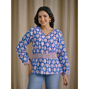 Haut court formel bleu en coton imprimé à la main pour femme, en tissu popeline, motif floral brodé, tailles XS à XL, col montant - Product Image 1