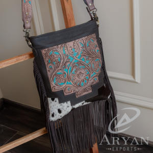 Nueva llegada occidental real hecho a mano pelo en piel Tooled cuero flecos Sling Bag mujeres elegantes ocultas llevar Casual bandolera - Product Image 4