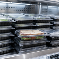 Boîte alimentaire jetable en PP avec couvercle transparent et fond noir, compartiment unique, pour plats à emporter, restaurants et cafés