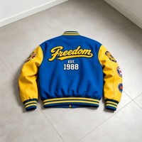 Veste universitaire personnalisée avec logo, veste bleue et jaune de style Letterman, broderie de patchs en chenille, veste de baseball personnalisée pour équipe, fabricant OEM