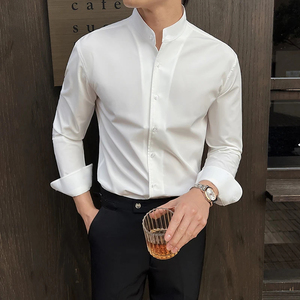 2025 primavera nuevo estilo de gama alta camisa con cuello levantado para hombre de manga larga elástica adelgazante Top camisa de vestir social para hombres - Product Image 5