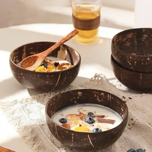 Bol de noix de coco fait à la main avec cuillère | Ensemble de salle à manger écologique naturel pour smoothies, salades, cuisine | Vaisselle en gros - Product Image 1