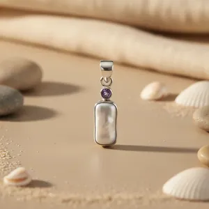 Pendentif géométrique en argent 925 Art Palace avec nacre et améthyste sertie clos, bijoux minimalistes pour le quotidien, style féminin - Product Image 3