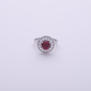 IGI Certified Round Ruby Double Halo Diamond <b>Ring</b> in 18K White / Rose & Yellow Gold - Product Image 1