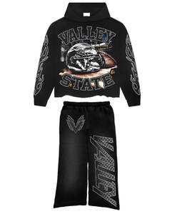 Ensemble pantalon de survêtement évasé à capuche zippé et délavé à l'acide avec impression d'un poids lourd personnalisé Survêtement vintage à rayures fanées au soleil pour l'hiver - Product Image 1