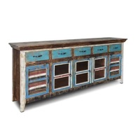Buffet Safe Night Side Cabinet en bois massif recyclé avec 3 portes en verre et 2 portes en bois et 5 tiroirs
