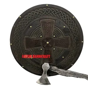 Viking Wooden Round Battle-Ready With Viking Valhalla Forged Axe Beautiful home Decoration Halloween Costume CHS00456