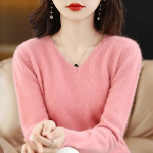 เสื้อกันหนาวถักแบบสวมหัวคอวีสำหรับผู้หญิงสำหรับฤดูหนาวเสื้อสเวตเตอร์ถักแบบ100% ขนมิงค์แคชเมียร์สีพื้นนุ่มให้ความอบอุ่นเป็นพิเศษ - Product Image 4