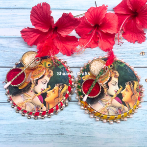 2024ออกใหม่นักออกแบบ Radha and krishna kumkum, chawal gotta Work thali's plates สวยงาม Moti Work thali's for Puja favors - Product Image 5