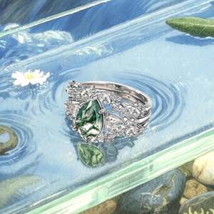 Jeulia Olivetta Pear Cut <b>Moss</b> <b>Agate</b> Fashion <b>Ring</b> Set - Product Image 6