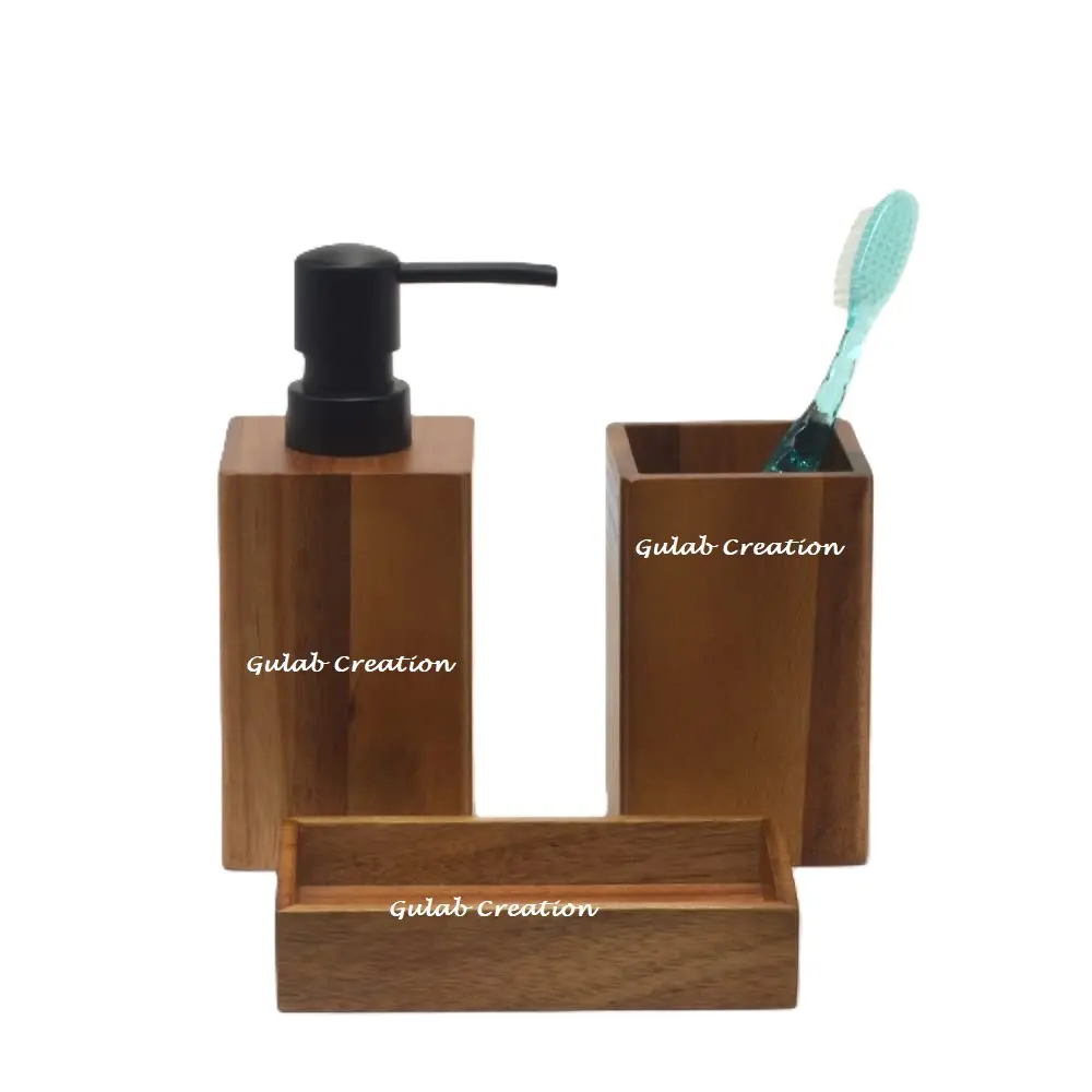 New Arrival 2024 Wood Bathroom Accessories Set 3 Includes Soap Dispenser Toothbrush Holder Soap Dish for Home and Hotel Decor