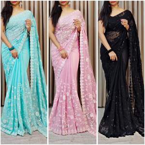 La plus belle collection de saris noirs avec broderie séquentielle Robe de style pakistanais pour filles pour le mariage et la fête - Product Image 3