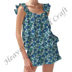 <b>Women</b> Cotton Shorts <b>Pajama</b> Set - Lounge Wear Hand Block Print PJ Spring/<b>Summer</b> Floral Fitted Strappy Ruffle Trim Sleeves PJ Set - Product Image 1